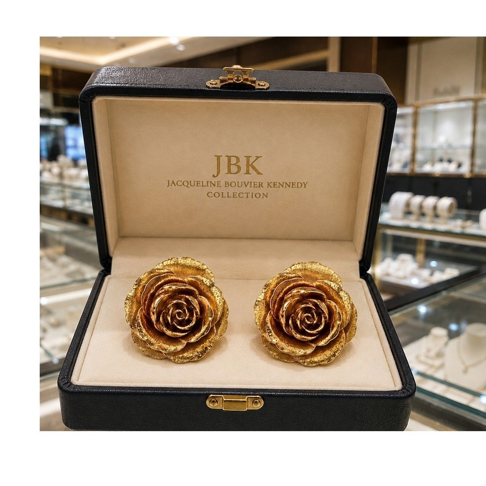 JBK Jacqueline Kennedy Gold Tone Rose Flower Clip On Earrings Signed Vintage - Picture 1 of 13